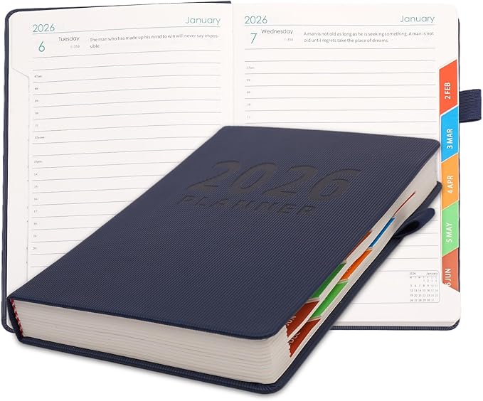 Picoway 2026 Planner A5 400 Pages - Weekly and Monthly Daily Calendar with Thick Paper, One Full Page Per Day Planners from Jan. 2026 - Dec. 2026, Hardcover Notebook ，8.3" x 5.7" (Dark Blue)