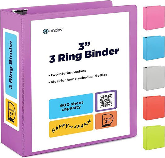 3 Inch Binder 3 Ring Binders Purple, Slant D-Ring 3” Clear View Cover with 2 Inside Pockets, Heavy Duty Colored School Supplies Office and Home Binders – by Enday
