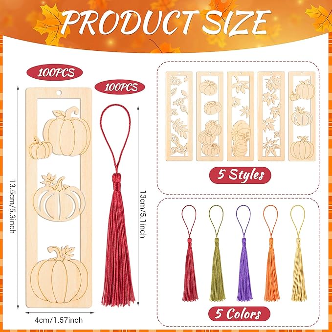 Yexiya 200 Pcs Fall DIY Wood Bookmarks Kit Unfinished Color Your Own Hollow with Tassel 100 Set Autumn School Art Craft Turkey Pumpkins Supplies for Students Classroom Thanksgiving Reward Fillers