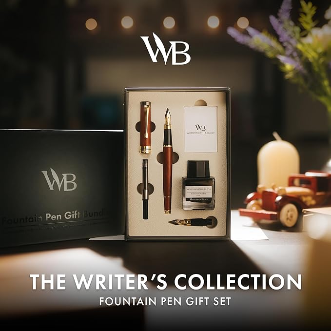 Wordsworth & Black Fountain Pen Set, Luxury Bamboo Wood - Medium Nib, Extra Fine Nib, Gift Case; 25ML Black Ink Bottle, 6 Ink Cartridges, Refill Converter - Calligraphy, Writing [Rosewood]