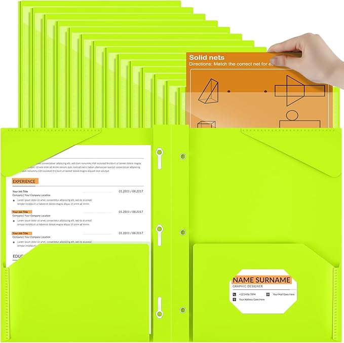Henoyso 36 Pcs Plastic Folder with Clear Front Pocket and 3 Prong Plastic Folders with Card Slot Pocket Folders with Prongs for School Office (Fluorescent Green)