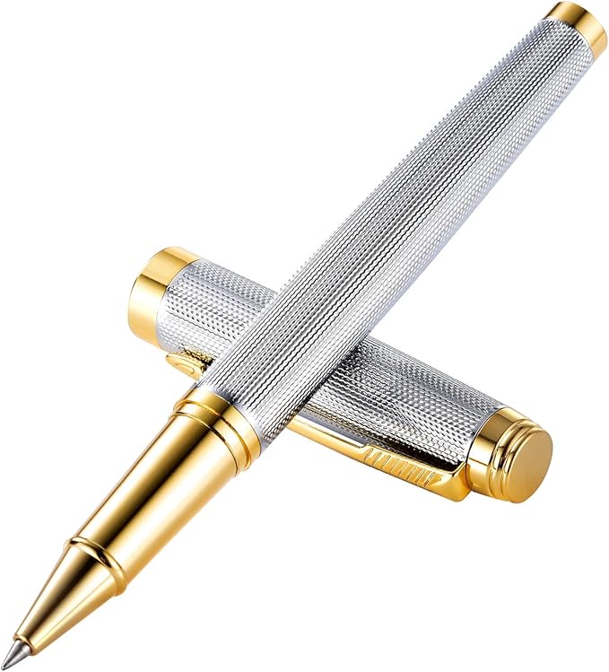 Rollerball Pen for Men Women Luxury Metal Executive Pens Home Office Use with 2 Extra Refills Black Ink 0.7mm G2(sliver)