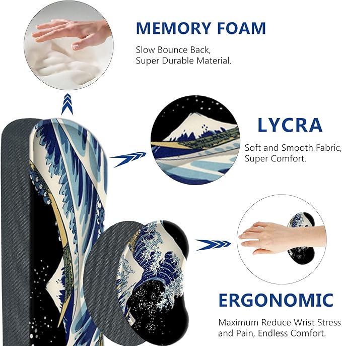 AIMSA Large Gaming Mouse Pad Set, Keyboard Wrist Rest Support Mouse Pad, Ergonomic Memory Foam Multifunctional Extended Desk Mat 35x15.7in Anti-Slip Rubber Base for Office Home, Big Waves