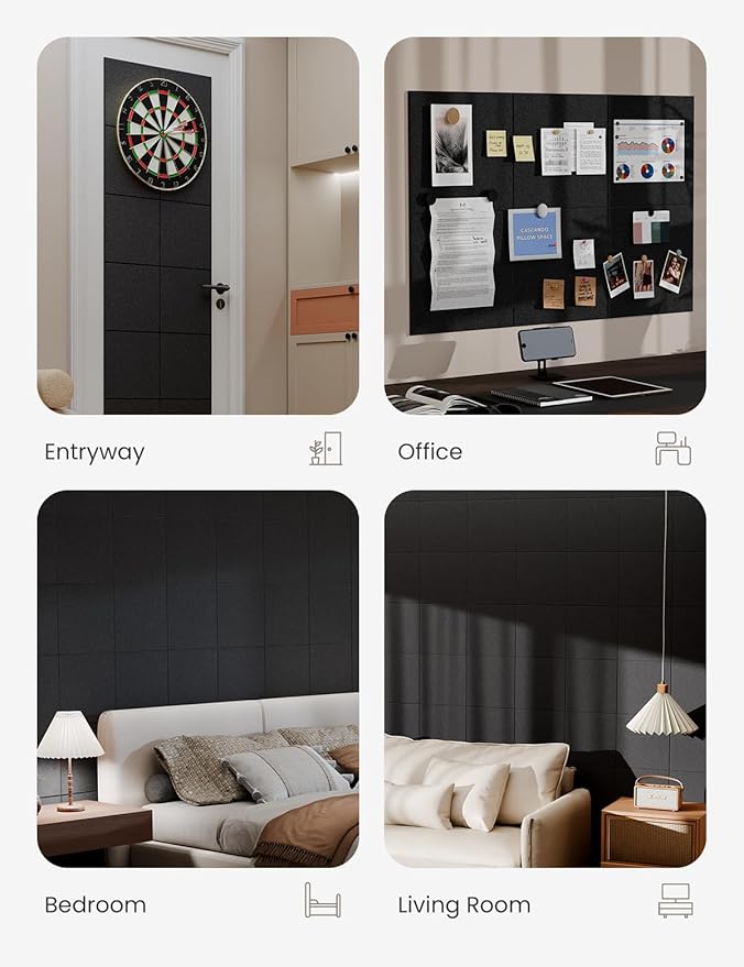 Bumusty Large Cork Board 36"x24" Alternative - 6 Pack Felt Wall Tiles with 40 Safe Removable Adhesive Tabs, 30 Pushpins, Cork Boards for Walls Pin Board Bulletin Board Office Decor (Black)