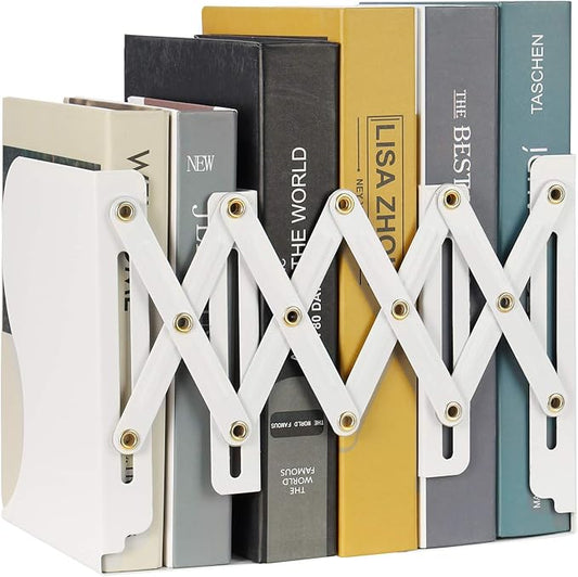 Olebes Adjustable Book Ends, Metal Iron Non Skid Boo kends, Expandable Bookcase Bookend Stand Holder Book Storage Rack, Heavy Bookends for Office Desk, Shelf, Stationery (White)