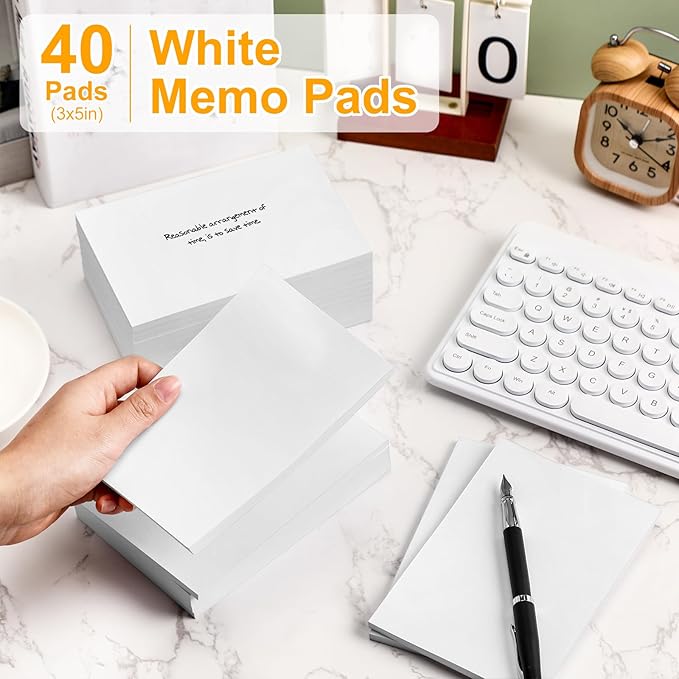 Fainne 3 x 5 Inch Paper Note Pads White Memo Pad Blank Writing Memo Scratch Paper for Waitress Waiter Book to Do Grocery List Small Notebook Restaurant Checkbook, White(40 Pack)