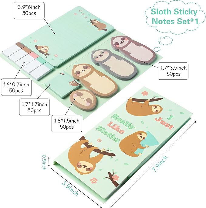 Xqumoi I Just Really Like Sloths Sticky Notes Set, 550 Sheets, Cute Cartoon Sloths Self-Stick Notes Pads Animal Divider Tabs Bundle Writing Memo Pads Back to School Office Supplies Small Gift