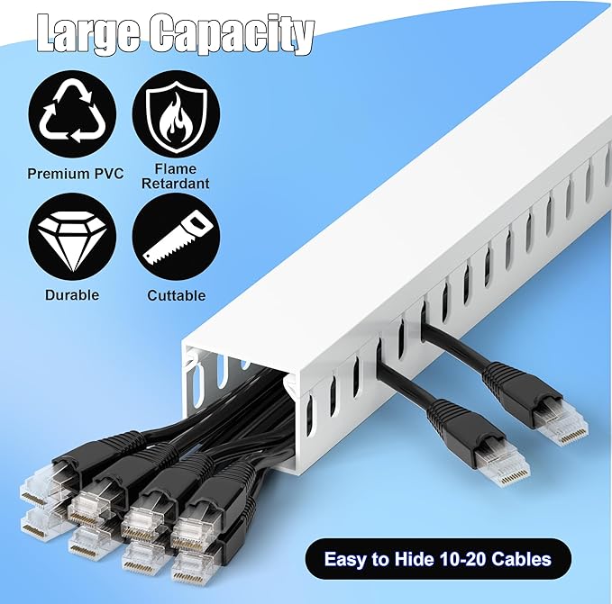 66in(4X L16.5in) Professional Server Rack Cable Management Raceway, H1.4in x W1.6in Cable Raceway Kit, Electrically Safe PVC Open Slot Wire Raceway for Under Desk/Computer/Network Cords, White