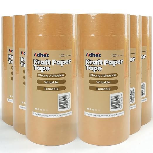 ADHES Kraft Paper Tape, 2 Inch x 44 Yards, 36 Rolls Writable & Uncoated Heavy Duty Paper Tape, Biodegradable Brown Packing Tape for Sealing, Packaging & Moving