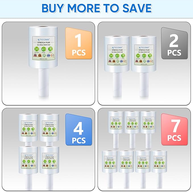 TICONN Stretch Wrap Stretch Film Roll, 1000ft Industrial Strength 5 inch Wide Clear Plastic Wrap with Handles for Pallet Wrapping Shipping Moving