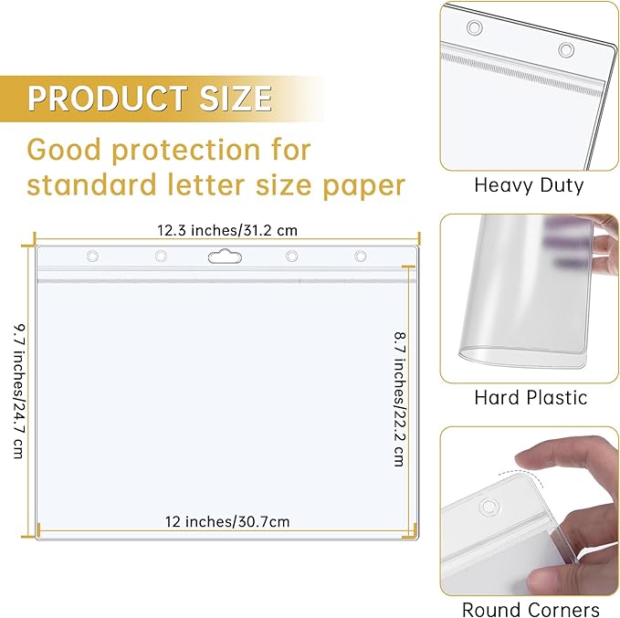 12PCS Hard Sheet Protectors 8.5 x 11 Waterproof Resealable Zip Page Protectors Clear Hard Plastic Sleeves for Photos Birth Certificate, Heavy Duty Document Holder Wall Sign Holder, Horizontal