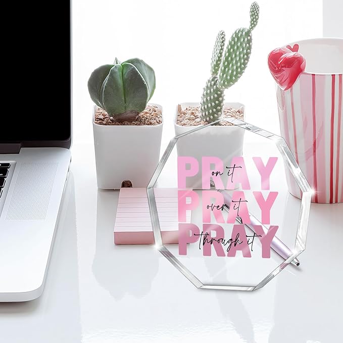 Pink Christian Gifts for Women, Appreciation Gifts for Women, Pink Desk Decorations for Office, Dorm Room Decor, Christian Desk Plaque- Pray on it-Bible Verse Decoration(Nonagon)