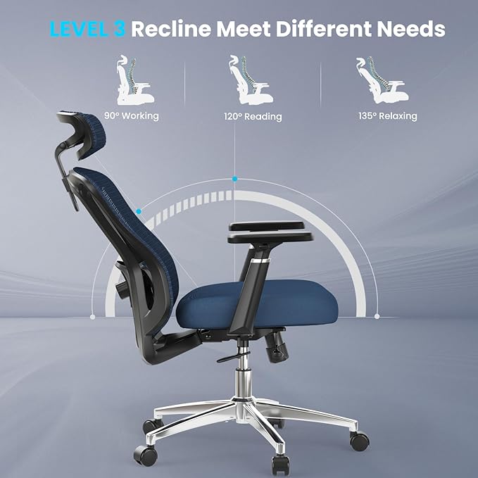 Farini Office Chair Ergonomic Desk Chair, High Back Computer Chair with Wheels, Home Sutdy Chair for Heavy People, Office Chair Adjustable Seat Depth, 3D Armrests and Adjustable Headrest, Blue