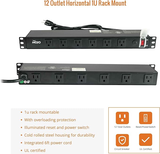Tecmojo 1U Rackmount Network-Grade PDU Power Strip, 12 Wide-Spaced Right Angle Outlets, Circuit Breaker 12A (UL Certified 12A) 6ft Cord w/ 5-15P Plug, Black