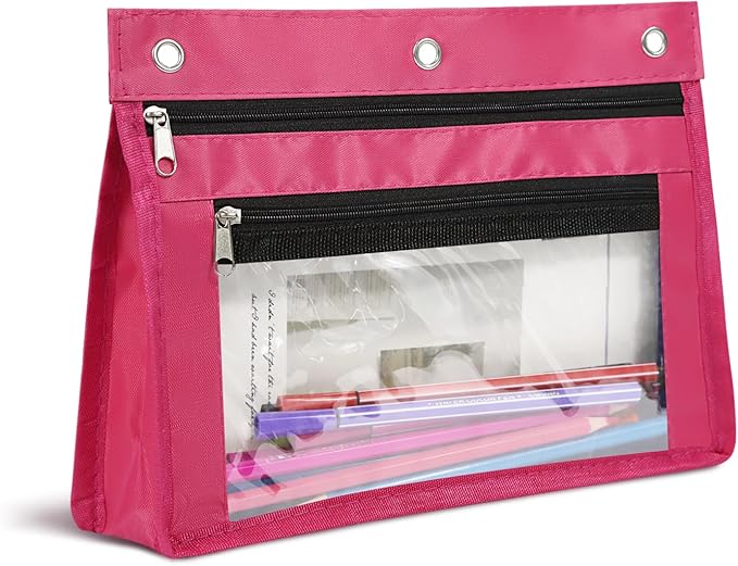 YoeeJob 1 Pack Pencil Pouch for 3 Ring Binder, Expandable Binder Pouches with Zipper, Large Capacity Pen Holder Case with Clear Window School Class Office Organizers, Rosy