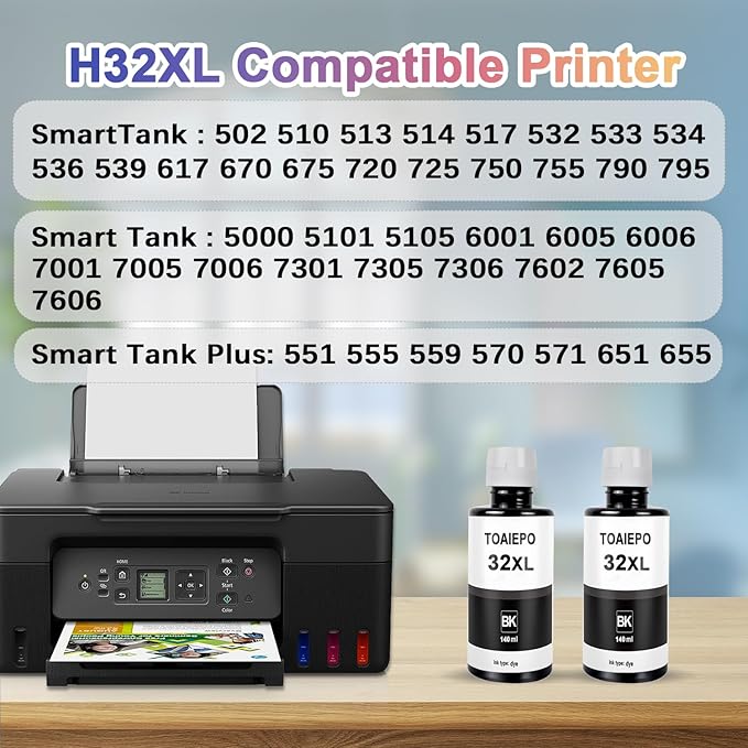 32XL Refill Ink Bottles Replacement for Smart Tank 5101 5102 6001 7001 7002 7301 7602 Plus 651 551 Ink Tank Printer