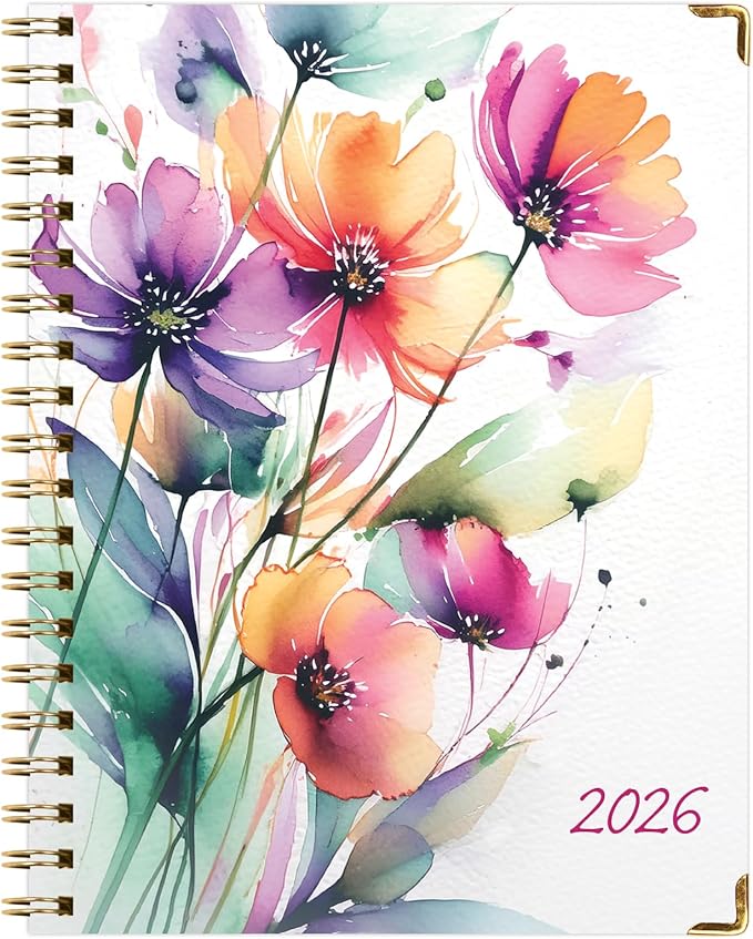 HARDCOVER 2026 Planner, 7"x9": 14 Months (November 2025 - December 2026), Daily Weekly Monthly Planner, Yearly Agenda, Bookmark, Pocket Folder and Sticky Note Set (Rainbow Floral)