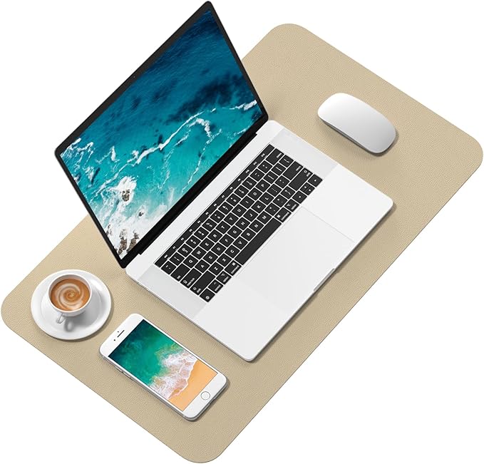 Hsurbtra Desk Pad, 23.6" x 13.8" PU Leather Desk Mat, M Extended Mouse Pad, Waterproof Desktop Blotter Protector, Non-Slip Ultra Thin Small Laptop Keyboard Writing Mat for Office Home, Beige