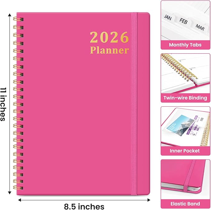 2026 Planner, Weekly and Monthly Calendar Planner, January 2026 - December 2026, Hardcover 2026 Calendar Planner Book with Tabs For Women & Men, Inner Pocket, Spiral Bound, Perfect for Office Home School Supplies - A4 (8.5" x 11"), Berry Pink