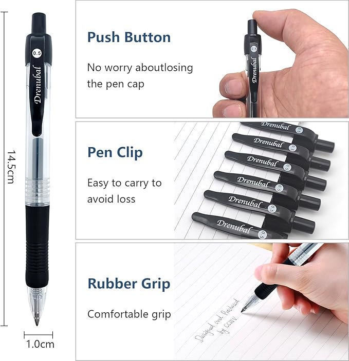 Glide Retractable Ball Pensfor School Office, Medium Point (0.5 mm), Black, Comfortable Rubber Grip For Writing, 12-Count Pack