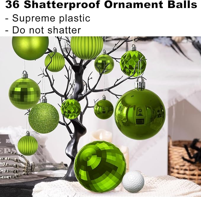 Lime Green Christmas Ornaments - Christmas Tree Decorations Shatterproof Hanging Balls for Birthday Wedding Holiday Decor Set of 36pcs, Multi-Sizes(1.6",2.5",3.2")