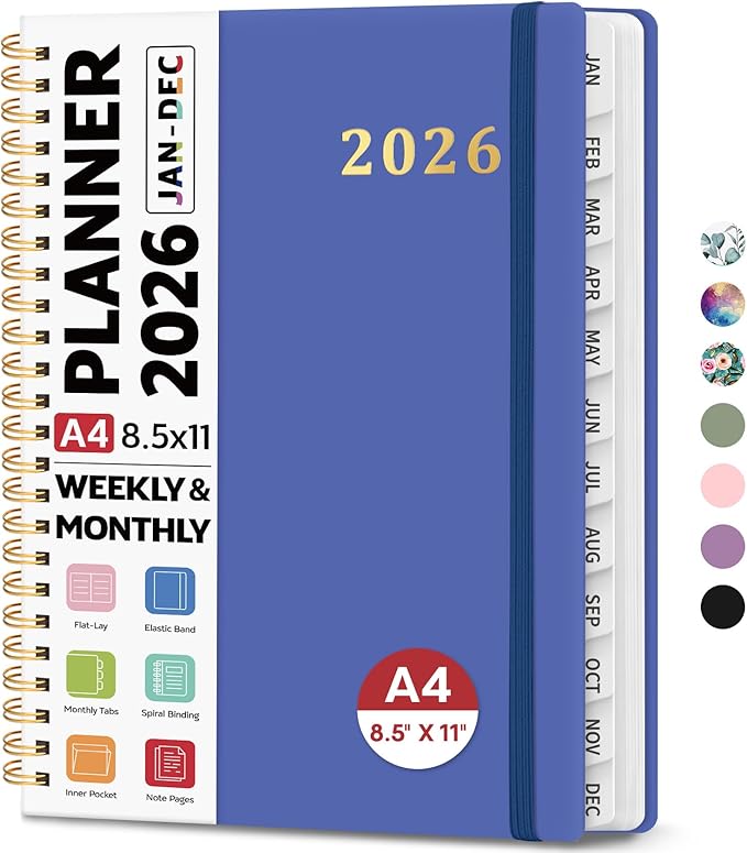 2026 Planner 8.5" x 11", Weekly and Monthly Calendar Planner Book, January 2026 - December 2026, Hardcover Spiral Planner with Monthly Tabs, Notes Pages, Perfect for Women & Men, A4 - Royal Blue