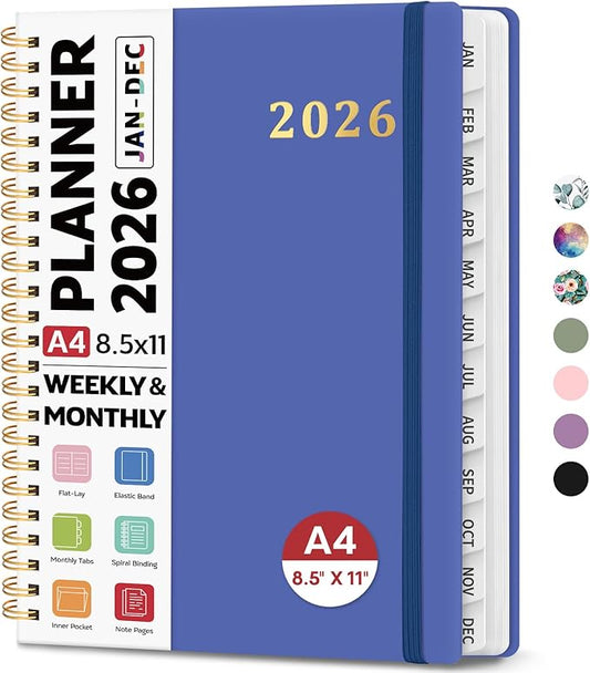 2026 Planner 8.5" x 11", Weekly and Monthly Calendar Planner Book, January 2026 - December 2026, Hardcover Spiral Planner with Monthly Tabs, Notes Pages, Perfect for Women & Men, A4 - Royal Blue