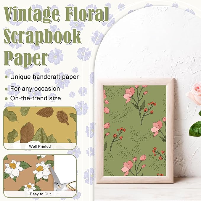 48 Sheets Scrapbook Paper 11x11, Vintage Floral Pattern Decorative Scrapbook Paper for Journals DIY Cards and Photo Albums, Aesthetic Craft Supplies for Kids and Adults