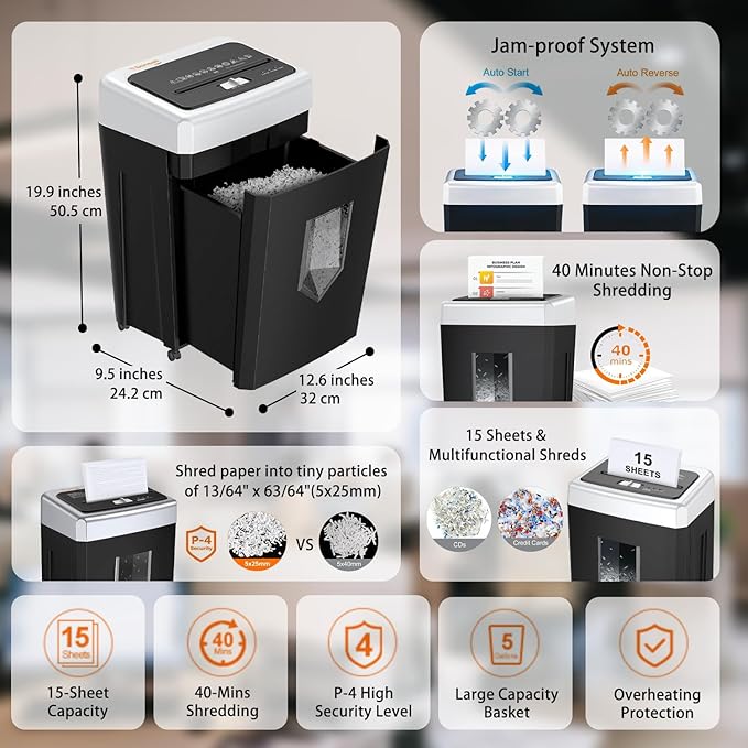 Bonsaii 15-Sheet Cross-Cut Shredder, 40-Min Run Time for Home or Small Office, Shreds CDs, Credit Cards & Staples, 5-Gallon Pull-Out Basket with Clear Window, 360° Swivel Casters – Black