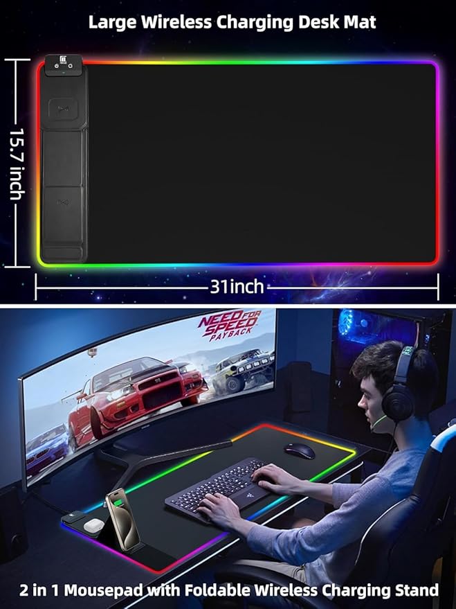 XXL Mouse Pad with Phone Holder, RGB Desk Mat with 15W Fast Charging, LED Large Gaming Mouse Pad with 11 Lights Colors, Long Mouse Pads, Waterproof Non-Slip Desk Pad for Gamer Esports Pros