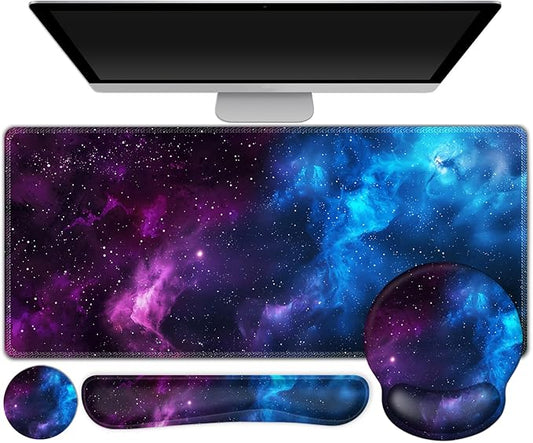 ARTSO Large Mouse Pad and Keyboard Wrist Rest, Ergonomic Mouse Pad with Wrist Support, Non-Slip Desk Mat Protector for Office, Home -Blue Purple Cosmic Nebula