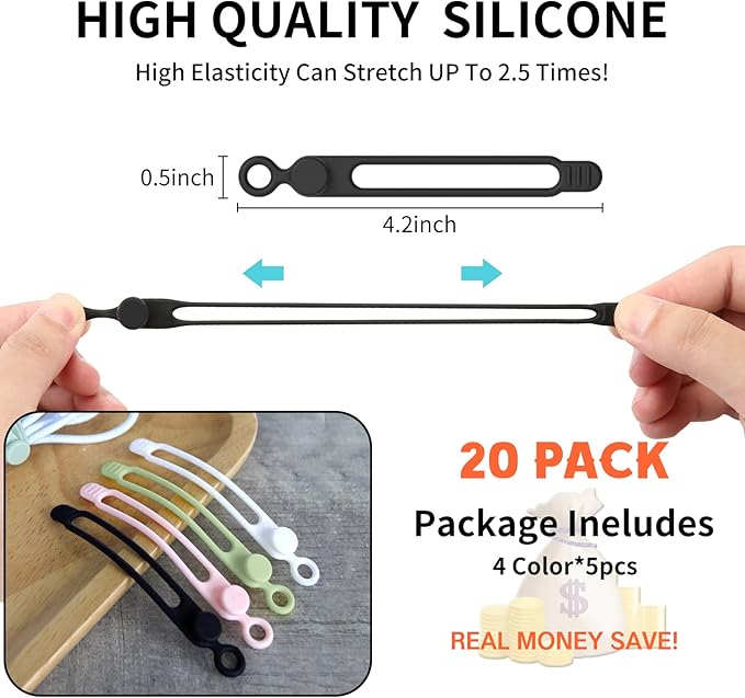 [20Park]UMUST Silicone Cable Ties,Reusable Cable Management Organizer, Multipurpose Elastic Cord Organizer for Bundling and Fastening Cable Cords Wires(black,white,pink,green)