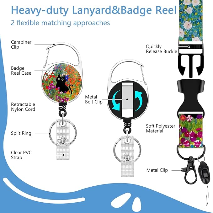 Oil Painting cat Badge Holder Reel Lanyard,Flower ID Card Badge Holder Retractable Name Tag Clips for Doctor Nurse Teacher Office Student