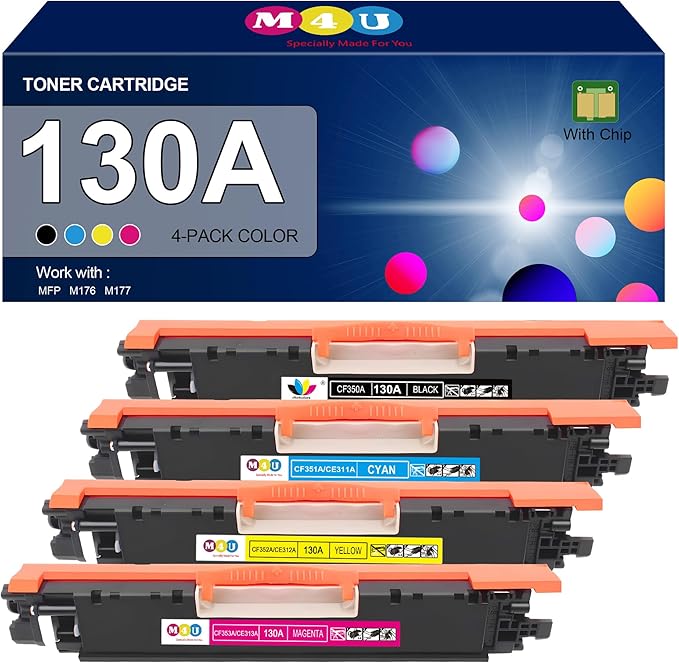 130A Toner Cartridge 4 Pack(with Chip) Remanufactured Compatible for 130A Toner Cartridge CF350A CF351A CF352A CF353A for Pro Color MFP M177fw M176n M177 M176 Printer(Black, Cyan, Magenta, Yellow)