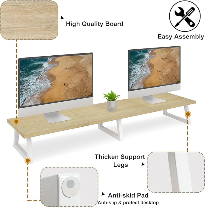 TEAMIX Large Dual Monitor Riser - Wood & Steel Desk Organization - Maple, 42 inch