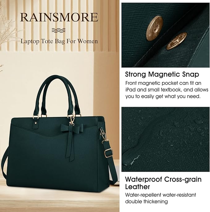 RAINSMORE Laptop Bag for Women 15.6 Inch PU Tote Bag Business Work Bag Waterproof Briefcase Computer Tote Lightweight Handbag Shoulder, Dark Green