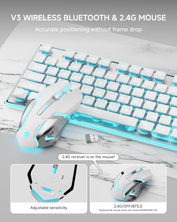 EWEADN V3 Wireless Keyboard and Mouse with Blue Backlit, Metal Panel, Bluetooth/2.4G Rechargeable Computer Keyboard and Mouse Combo Silent Lighted Full Size Cute Keyboards-White