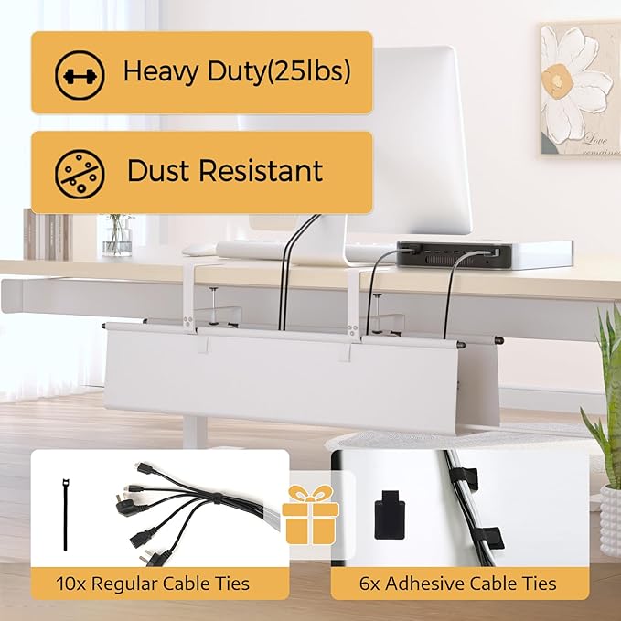 Under Desk Cable Management Tray - 28" Cord Organizer for Desk No Drill, Fabric Under Table Wire Organizer with 16X Cable Ties Hide for Office/Home, Cord Hider Fits Adapters & Sockets, White