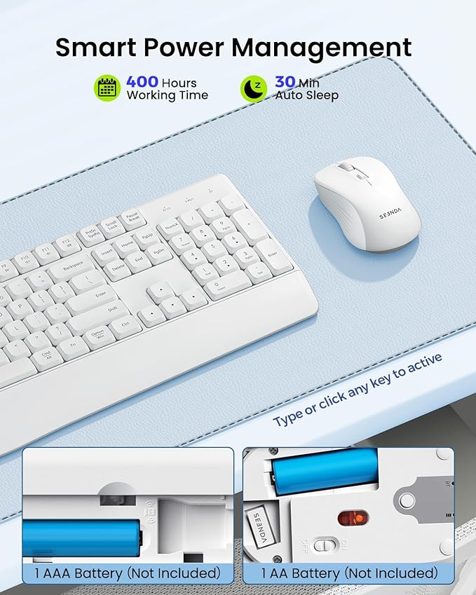 seenda Bluetooth Keyboard and Mouse, COE200 USB + Bluetooth Multi Device, Ergonomic Keyboard Mouse Set, Full-Size Wireless Combo Compatible for Mac OS/Windows PCs Computers Laptops MacBooks - White