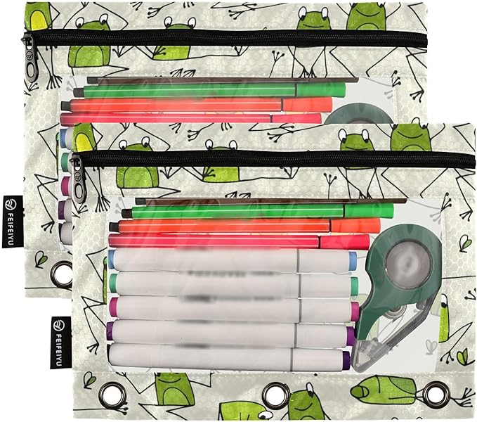 ZAZYXTJ Frog Binder Pencil Pouchs 3 Ring with Zipper Clear Window Office Organizers bag for School Students Teacher Supplies 2 Pack