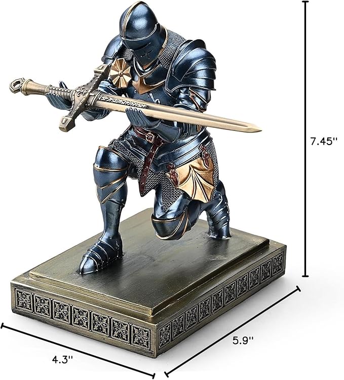 Medieval Armored Warrior Knight Pen Holder Desk Organizers and Accessories Resin Pencil Holder Paperweight as Gift with a Cool Letter Opener for Desk (Blue)