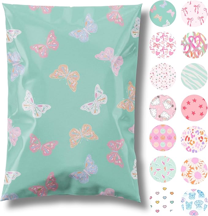 14.5x19 Designer Poly Mailer 100 Pack Heavy Duty Waterproof Self Seal Shipping Bags for Small Business Large Mailing Envelopes Bulk Tear Resistant Packaging Butterfly