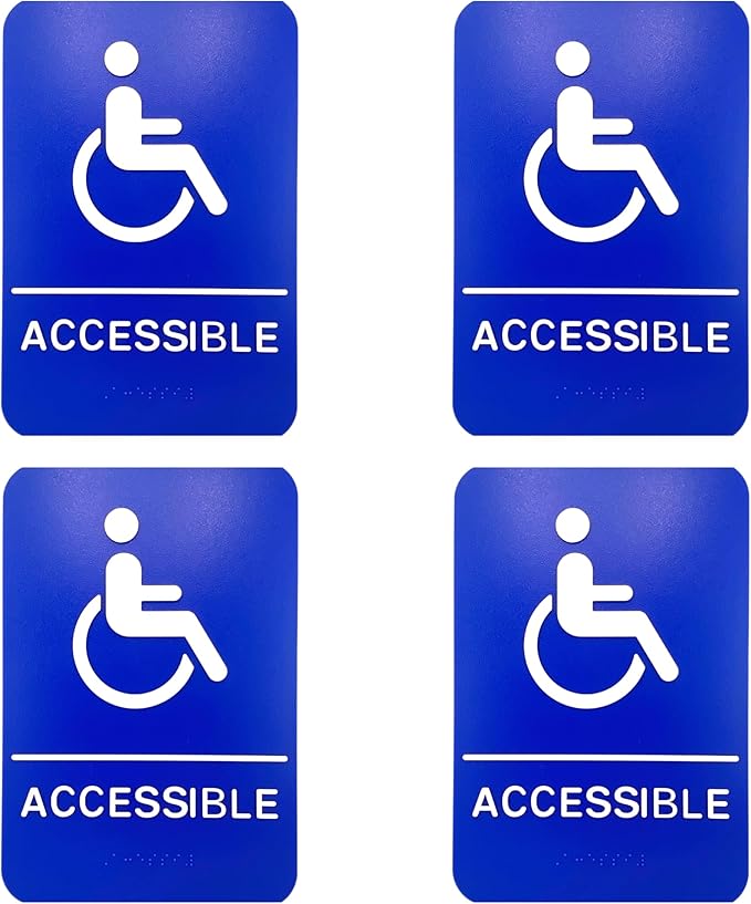 ADA Handicap Accessible Compliant Sign with Braille Sign w/Adhesive Back - Durable and Wipe Clean Plastic - 9"X6" - Blue and White - Business Restaurant Signage - 4 PK