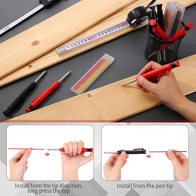 8 pack 2.8mm Mechanical Carpenter Pencils with 48 Refills, Construction Pencils with Built-in Sharpener, Long Nib Deep Hole Marker, Heavy Duty Woodworking Tools (Black+red)