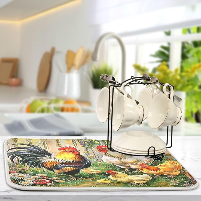 Rooster Flowers Dish Drying Mat 18 X 24 Inch Farm Cock Chick Floral Kitchen Rack Mats Dry Dishes Pads Tableware Mat Absorbent Microfiber Protector for Kitchen Countertops Counter Home Decor
