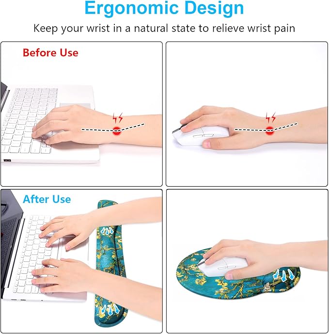 Dapesuom Keyboard Wrist Rest and Mouse Pad with Wrist Support, Cute Memory Foam Cushion for Keyboard and Mouse Set, Ergonomic Pad Rests with Non Slip Base for Easy Typing & Pain Relief, Green Flower