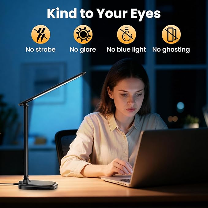 LED Desk Lamp with USB Charging Port, Stepless Dimmable Study Lamp with 5 Color Modes, Touch Control, Timer, Foldable Desk Lights for Home, Office, Bedroom
