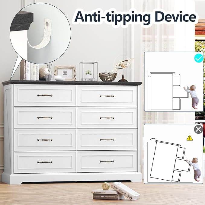 8 Drawer Dresser for Bedroom, 47" Wide Wooden Chest of Drawers, Rustic Farmhouse Dresser with Large Drawers & Metal Handles, Modern Storage Organizer for Closet, Living Room, Hallway, White