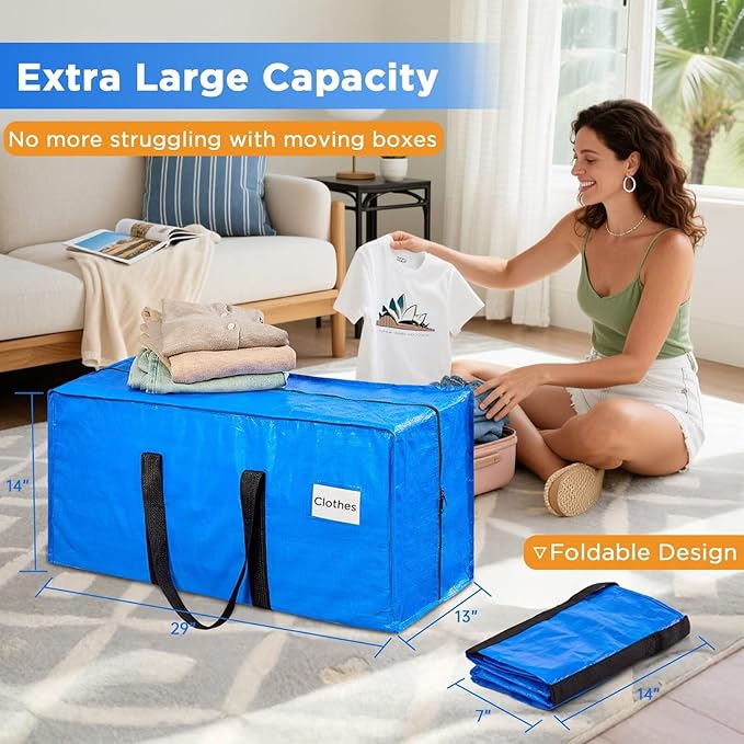 BETU Extra Large Moving Bags Heavy Duty Storage Bags with Zipper Handles, 10 Pack Clothes Storage Totes Bins Packing Moving Boxes, Moving Supplies for College Dorm Essentials, Space Saving, Blue