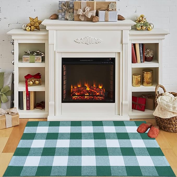 Green & White Plaid Rug, 2'4" x 3'7" Check Indoor/Outdoor Area Rug, Hello/Welcome Door Mat Layering Rug, Machine Washable Cotton Woven Mat for Farmhouse Front Porch, Entryway